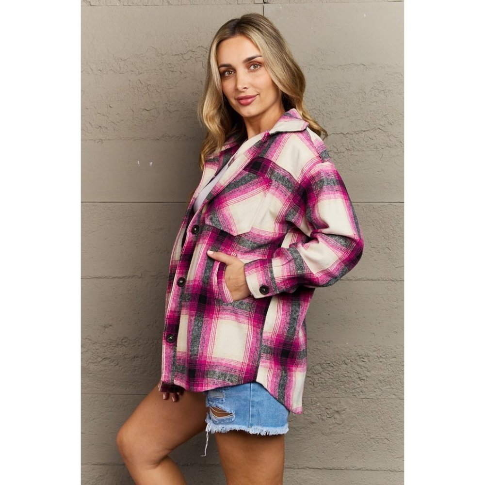 Oversized Plaid Pattern Shacket Button Down Long Sleeves Casual Basic Magenta